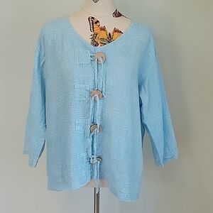 CLICK by Color me cotton 100% linen baby blue top. 3/4 sleeve.  Size is Large.